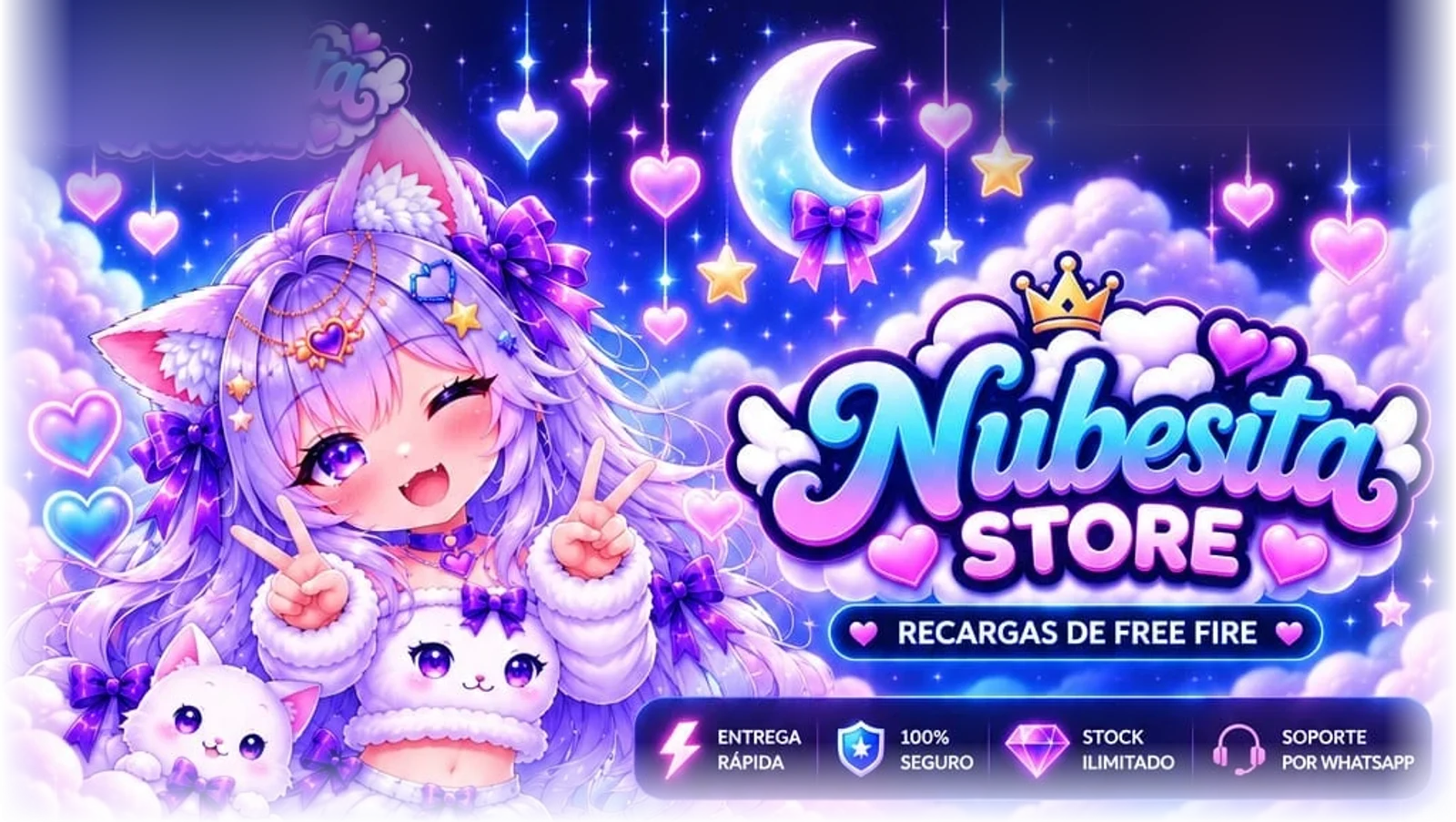 Nubesita, la mascota de la tienda, junto al logo Nubesita Store entre nubes, corazones y la luna